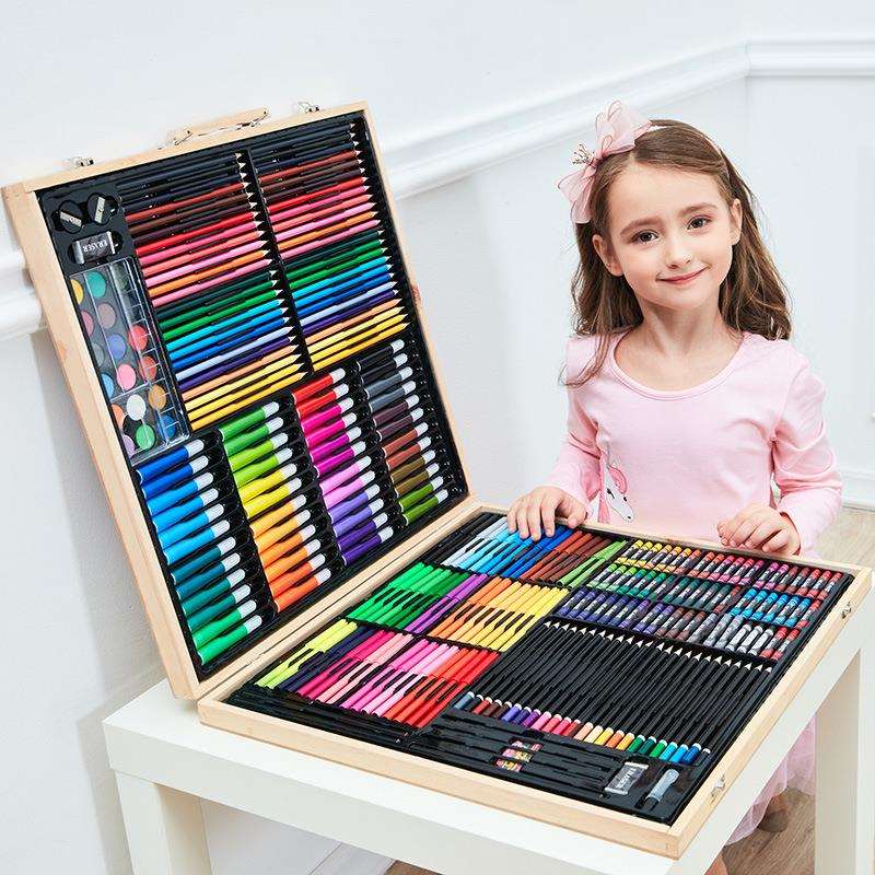 儿童水彩笔绘画套装木盒画材画笔蜡笔美术彩印LOGO画画 彩笔套装