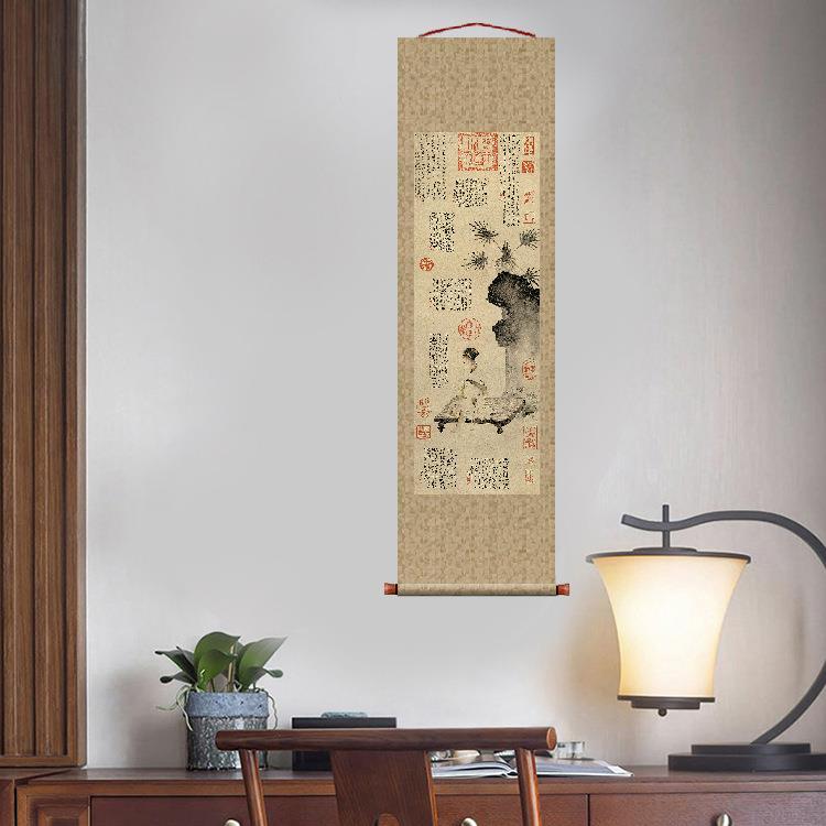 元赵孟頫吹箫仕女图卷轴挂画条幅画复制品国画中式装饰画玄关画