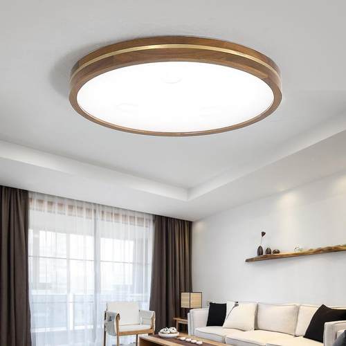 新中式吸顶灯沙比利实木客厅灯具卧室房间现代简约超薄圆形铜灯饰