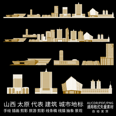 太原山西城市景点旅游地标插画剪影设计建筑手绘天际线条描稿素材