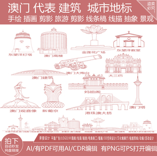 澳门城市粤港澳大湾区景点建筑地平天际线描稿插画旅游地标志素材