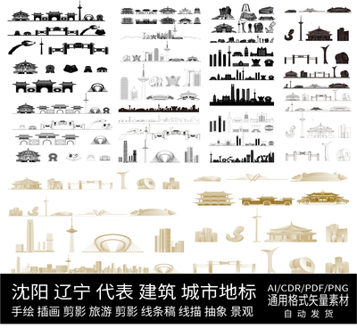 沈阳辽宁城市景点设计地标插画旅游剪影建筑手绘天际线条描稿素材