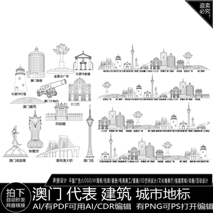 澳门城市粤港澳大湾区景点地平天际线描稿建筑插画旅游地标志素材