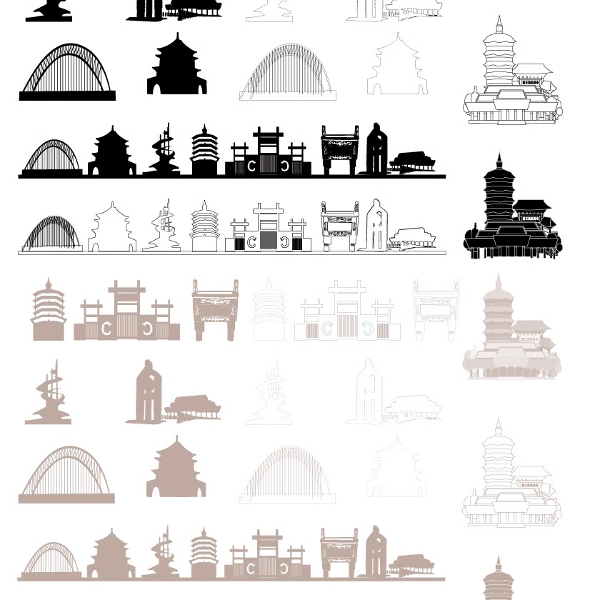 安阳河南建筑城市地标天际线条描稿景观剪影设计插画旅游手绘素材