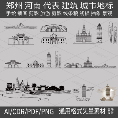 昆明云南建筑天际线条描稿地标城市剪影景点手绘设计旅游插画素材