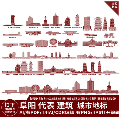 阜阳安徽地平天际线描稿插画旅游剪影建筑地标志城市景点手绘素材