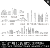 广州广东城市景点地标大湾区建筑插画手绘剪影天际线条描稿素材