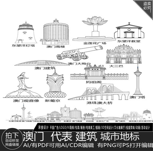 澳门城市粤港澳大湾区景点地平天际线描稿插画建筑旅游地标志素材