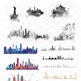 广州大湾区粤港澳珠三角建筑城市天际地标线条描剪影景点旅游素材