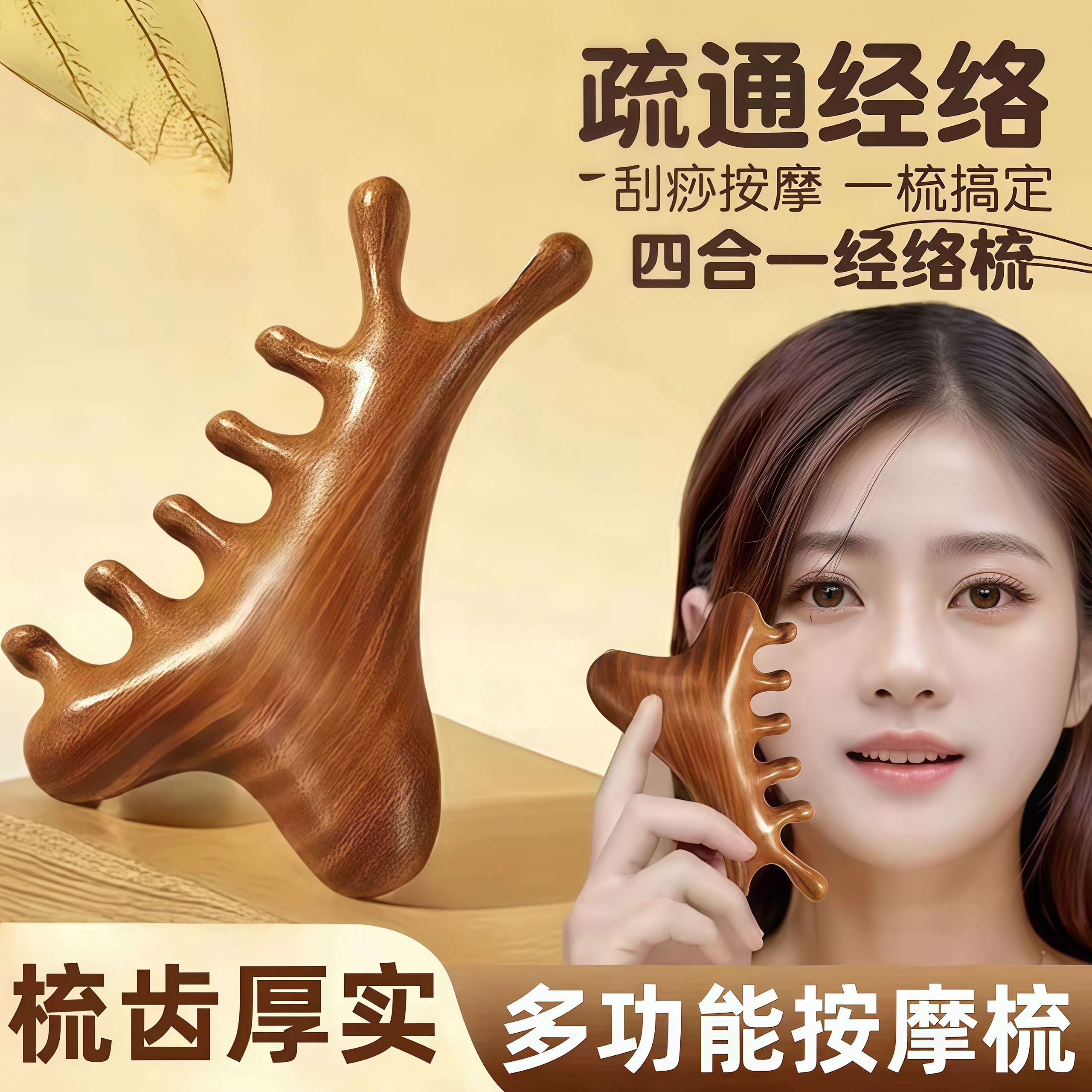 4合一多功能檀木梳头皮按摩梳子头部头疗疏通经络神器脸部眼部,家庭/个人清洁工具,梳子/化妆梳/按摩梳,淘宝优惠券,粉丝福利购,淘宝优惠卷
