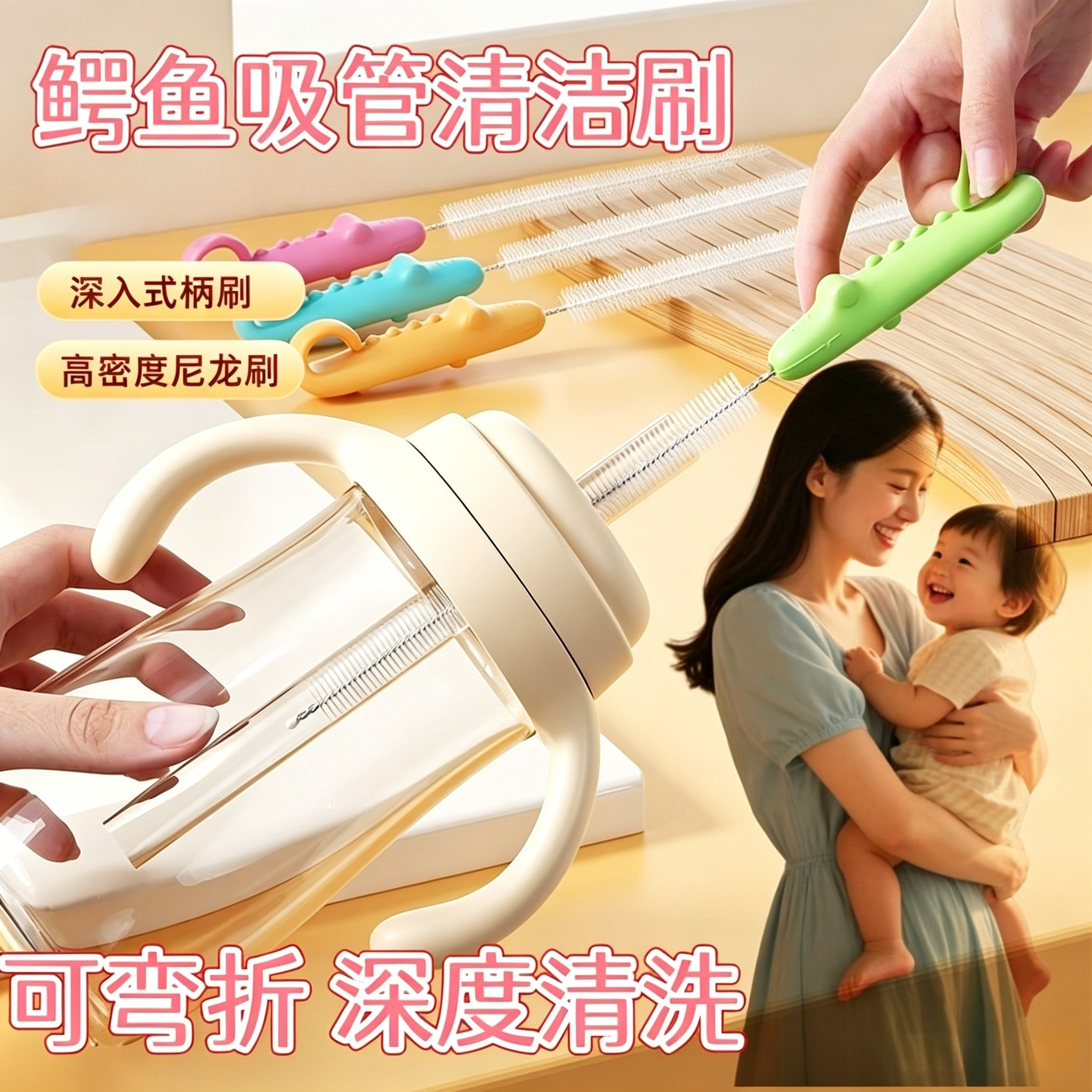 婴儿吸管清洁刷神器宝宝奶瓶刷子可折叠深度清洗高密度深入式柄刷