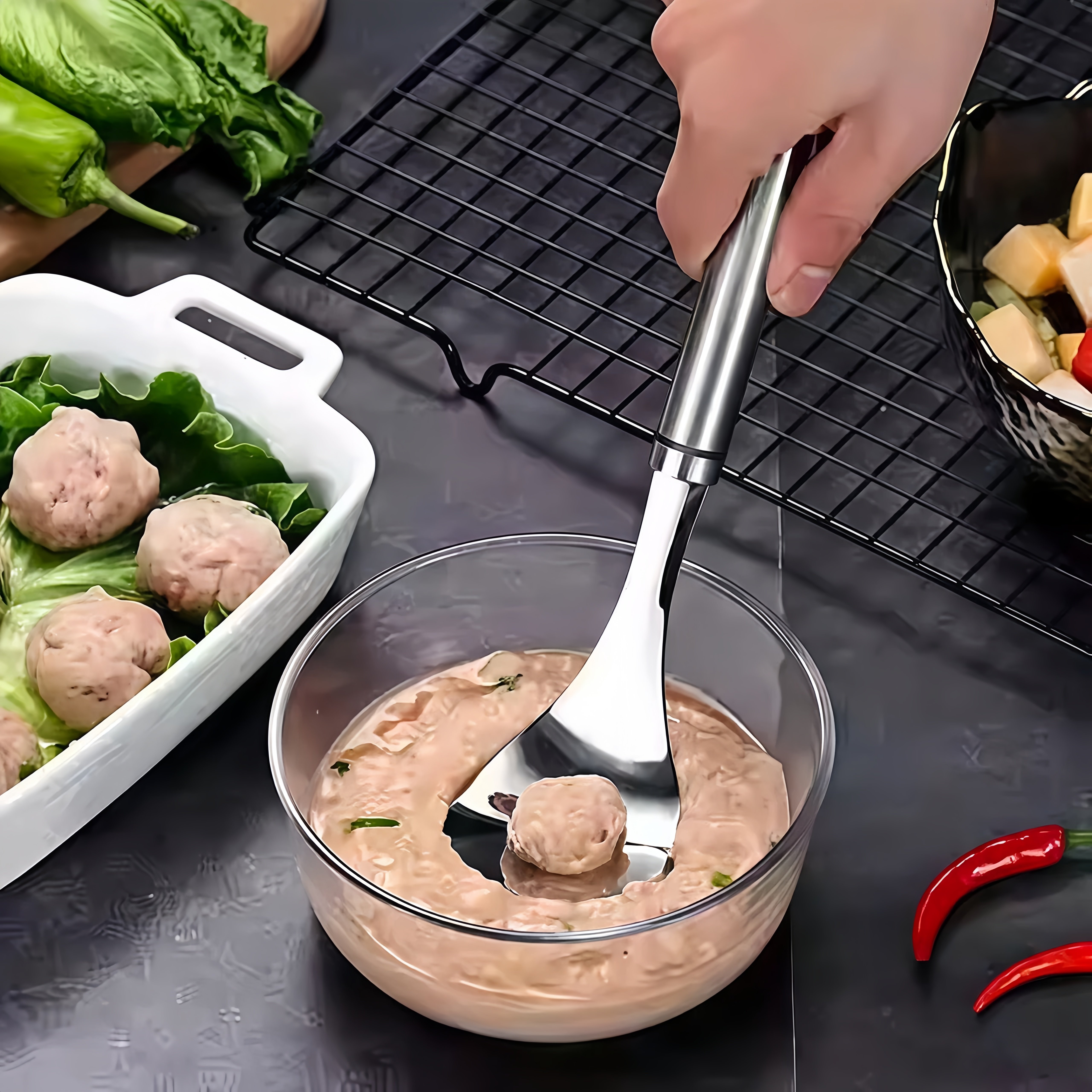 不锈钢压肉丸勺子神器家用挤肉丸子制作器炸圆子模具挖勺器鱼丸勺