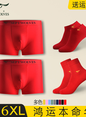 七匹狼男士内裤平角裤红色四角裤纯棉本命年大红裤袜组合短裤衩