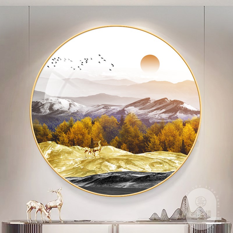 背靠金山圆形玄关装饰p画金山云海背有靠山客厅背景墙现代简约挂