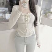 弧形紧身长袖 纯欲风上衣女显胸系带2025春秋季 小心机打底衫 T恤女