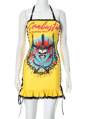 Q24DS426跨境欧美女装新款3D立体图案印花系带蕾丝花边挂脖连衣裙