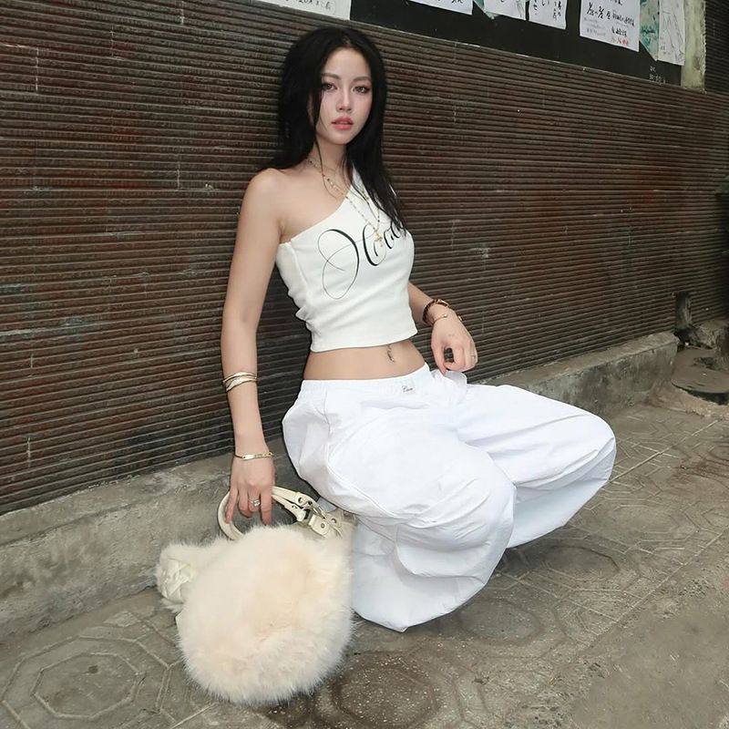 2025欧美风跨境春季新款女装纯色修身街头时尚单肩斜领露背背心女,女装/女士精品,休闲运动套装,淘宝优惠券,粉丝福利购,淘宝优惠卷