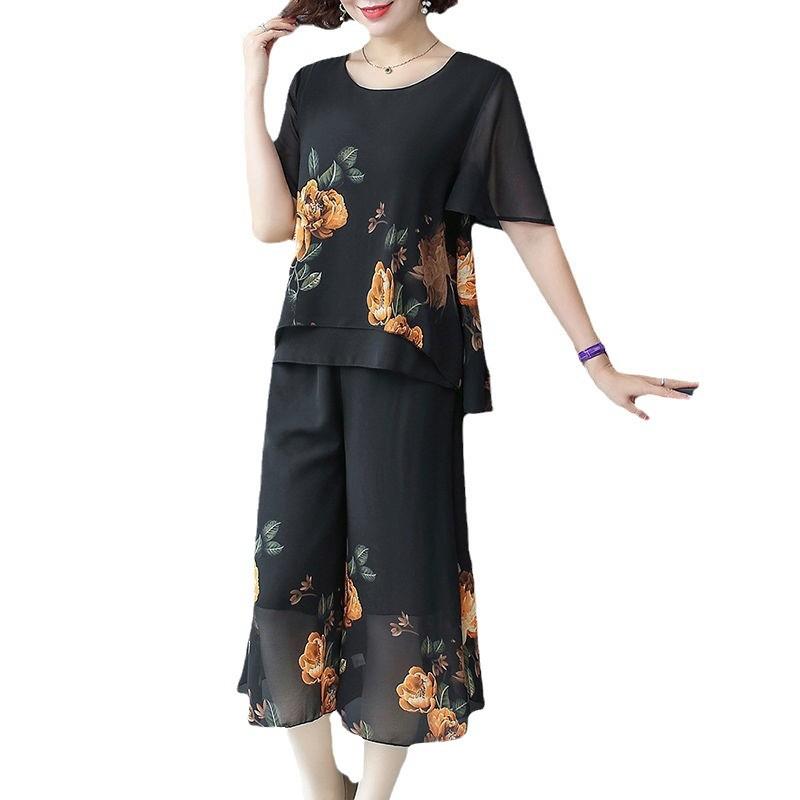 夏季宽松套装新款中老年年轻妈妈时尚洋气女装岁雪纺两件套