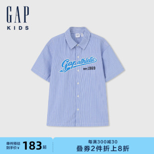 新款 衬衫 纯棉字母logo条纹短袖 Gap男童2024夏季 儿童装 上衣465986