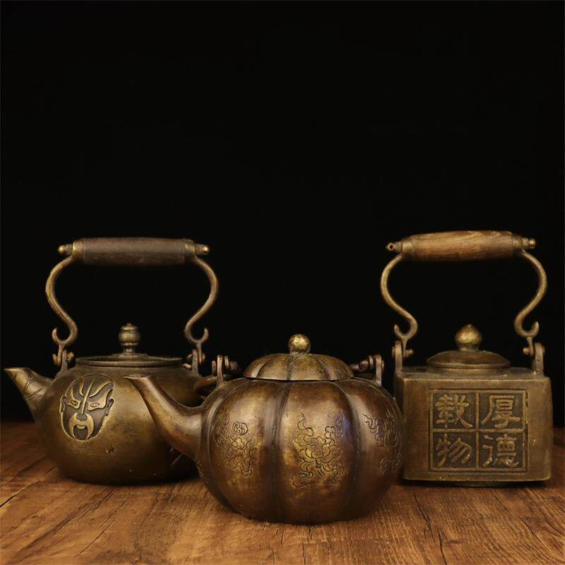 紫铜色壶铜茶壶酒壶仿古古玩收藏木把手提壶圆壶南瓜壶方壶脸谱壶