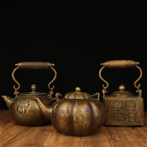 紫铜色壶铜茶壶酒壶仿古古玩收藏木把手提壶圆壶南瓜壶方壶脸谱壶