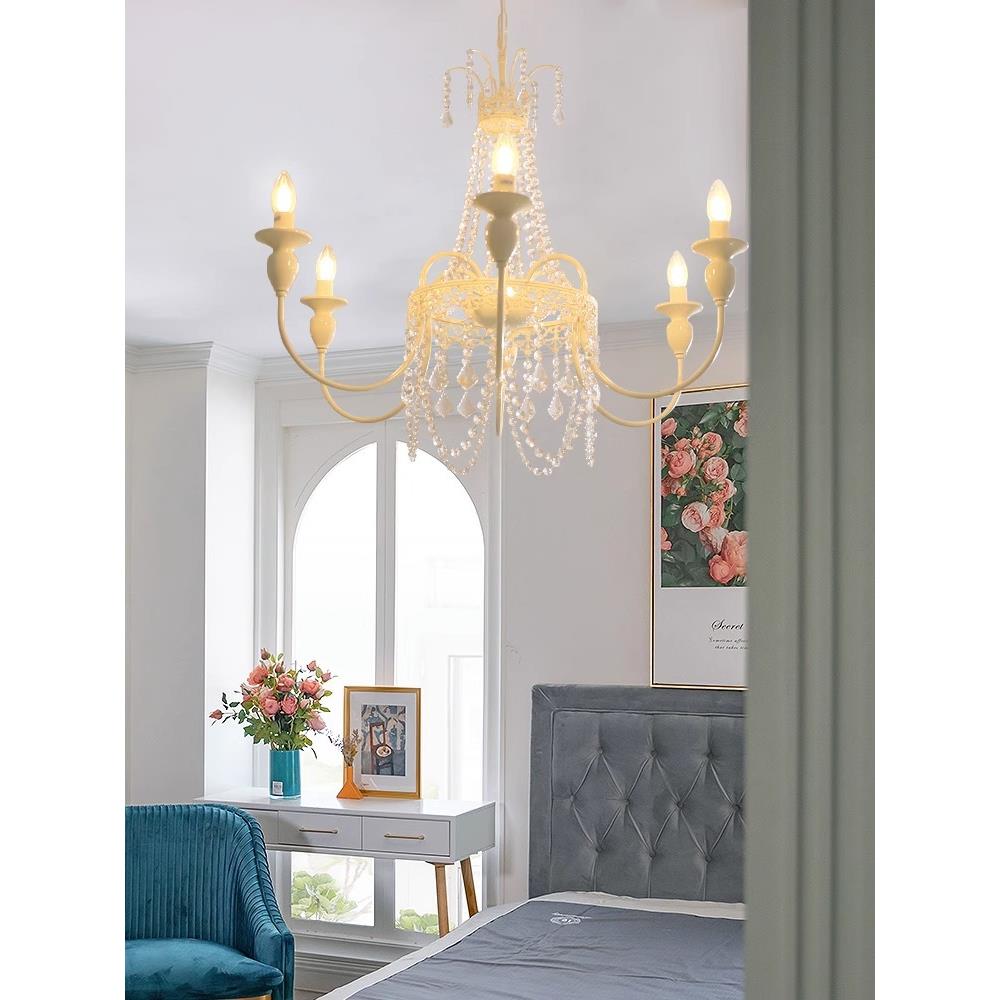 法式奶油风水晶吊灯复古6头美式客厅餐厅卧室吊灯公主房奶油色灯