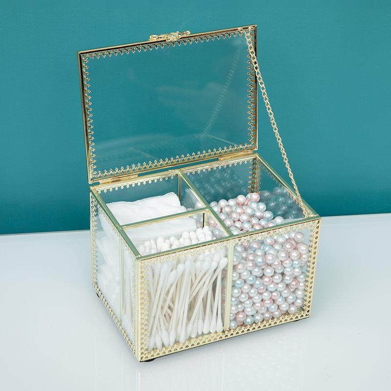 G1F欧式棉签化妆棉收纳盒梳妆台桌面玻璃家用带盖卧室透明防尘棉