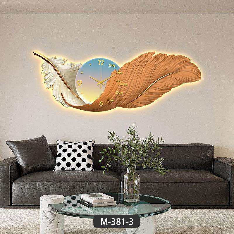 led带灯钟表壁画羽毛轻奢高档大气高级感饭厅餐厅装饰画客厅挂画