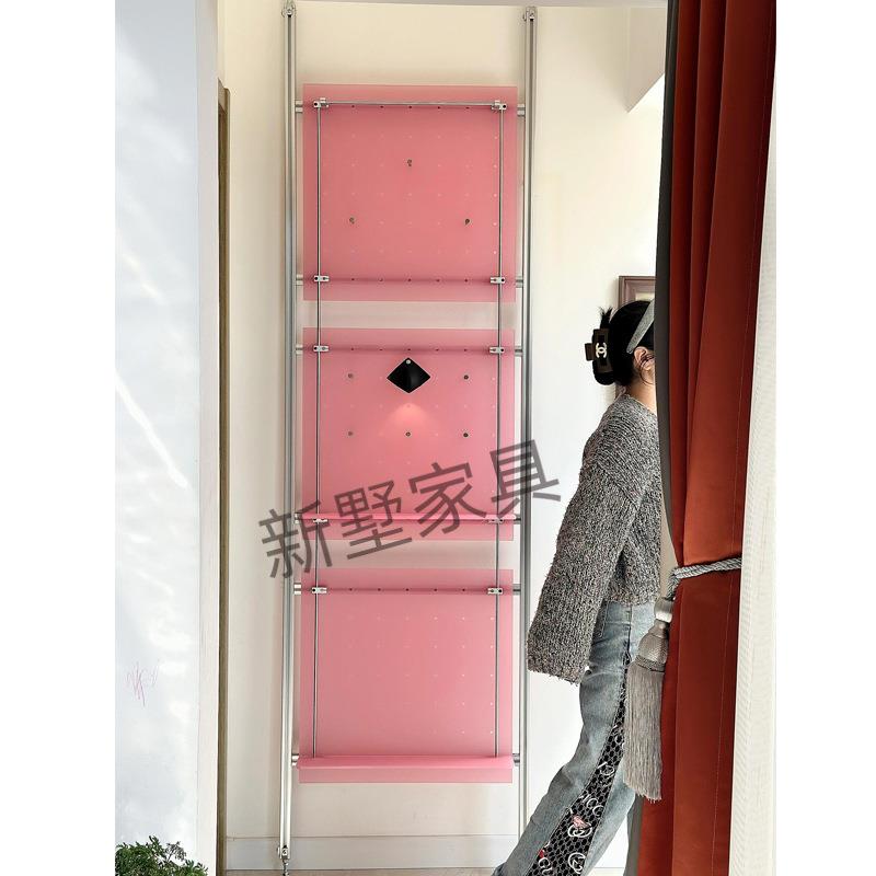 顶天立地中古风铝型材不锈钢光轴置物架落地彩色亚克力收纳陈列架