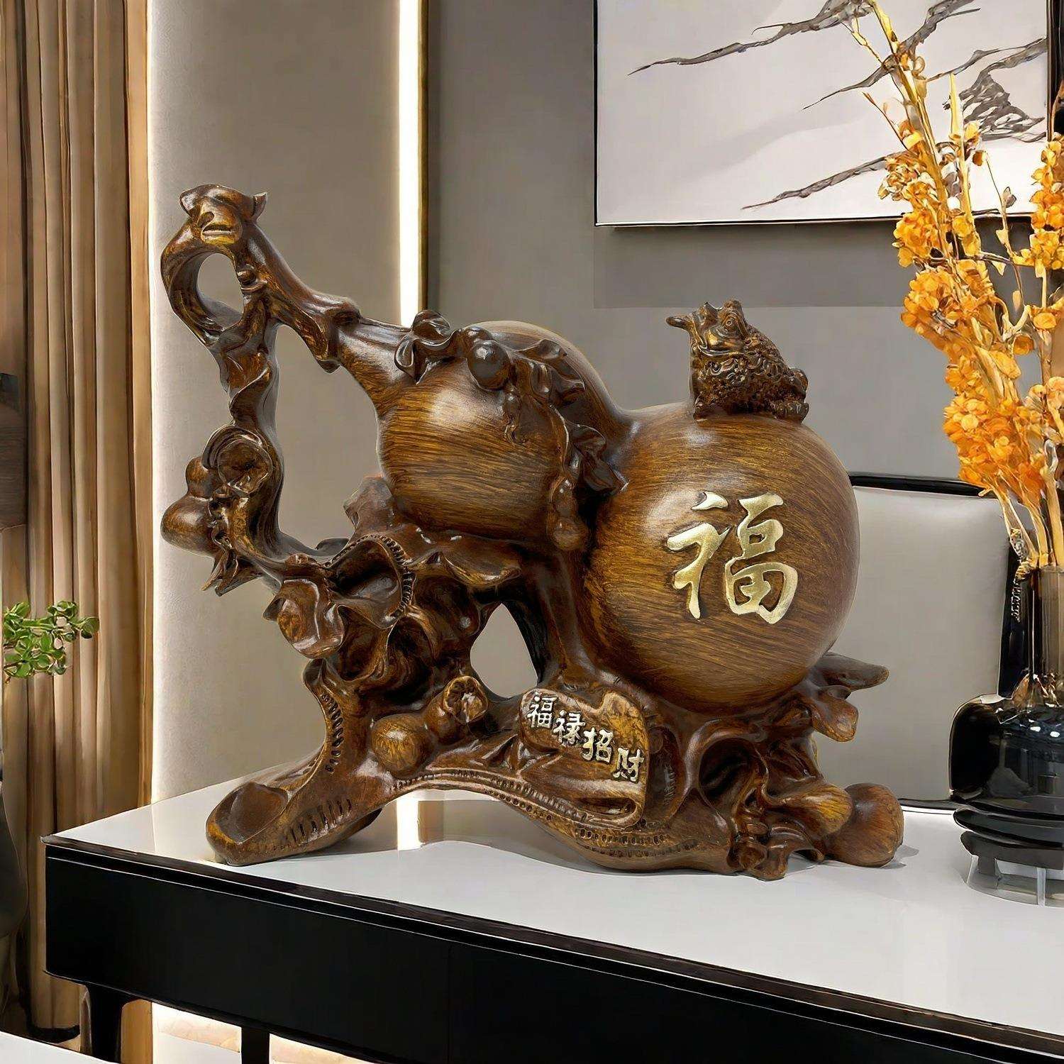 新中式福禄招财葫芦摆件客厅高级感树脂木质家居博古酒架柜装饰品