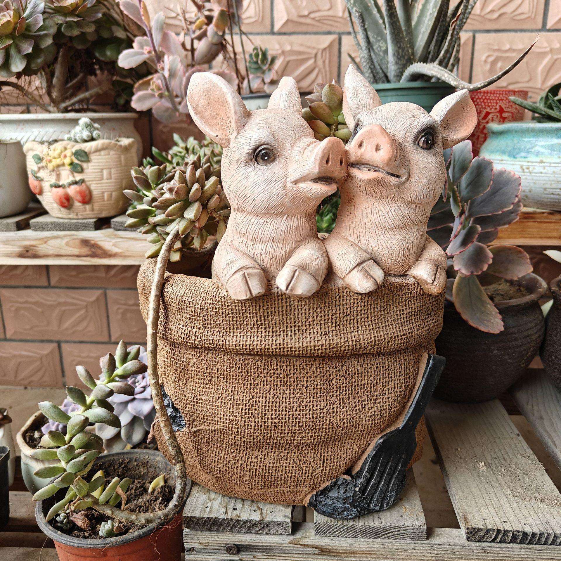 跨境创意绿植花盆卡通猪狗牛雕像庭院花园造景摆件TEMU树脂工艺品