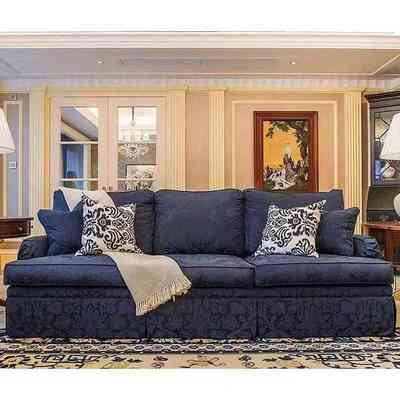 美式伊森艾伦查德沙发实木框架进口布艺三人位沙发蓝进口提花面料