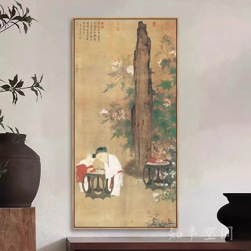 冬日婴戏图水墨画中古风宋代美学玄关画新中式客厅装饰画卧室挂画