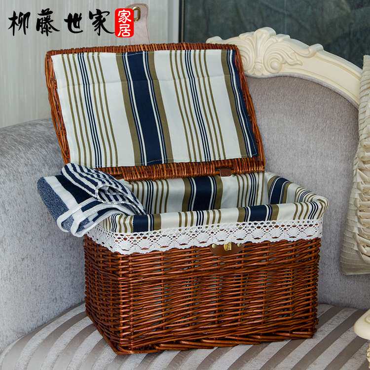 *22QR带盖藤编收纳箱柳编收纳筐带锁扣编制杂物箱藤筐篮子储物箱