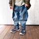 时髦儿童男女童弹力侧边设计剪裁个性 99现 宽松牛仔裤 日本代.购
