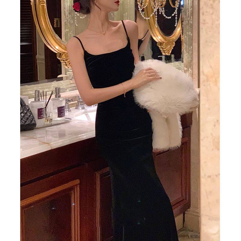时髦名媛法式金丝绒吊带鱼尾连衣裙女冬季黑色气质显瘦长裙高腰裙,女装/女士精品,时尚套装,淘宝优惠券,粉丝福利购,淘宝优惠卷