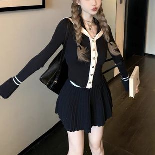 秋装两件套裙子秋季新款海军风针织收腰时尚套装女装小个子早秋