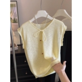 气质百搭显瘦上衣薄款 韩系设计感V领抽绳针织背心女夏季 镂空时尚
