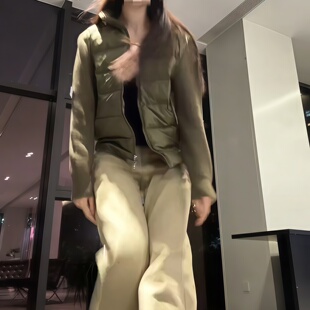 轻薄白鸭绒针织拼保暖修身隐藏帽排骨羽绒服绿色白色显瘦