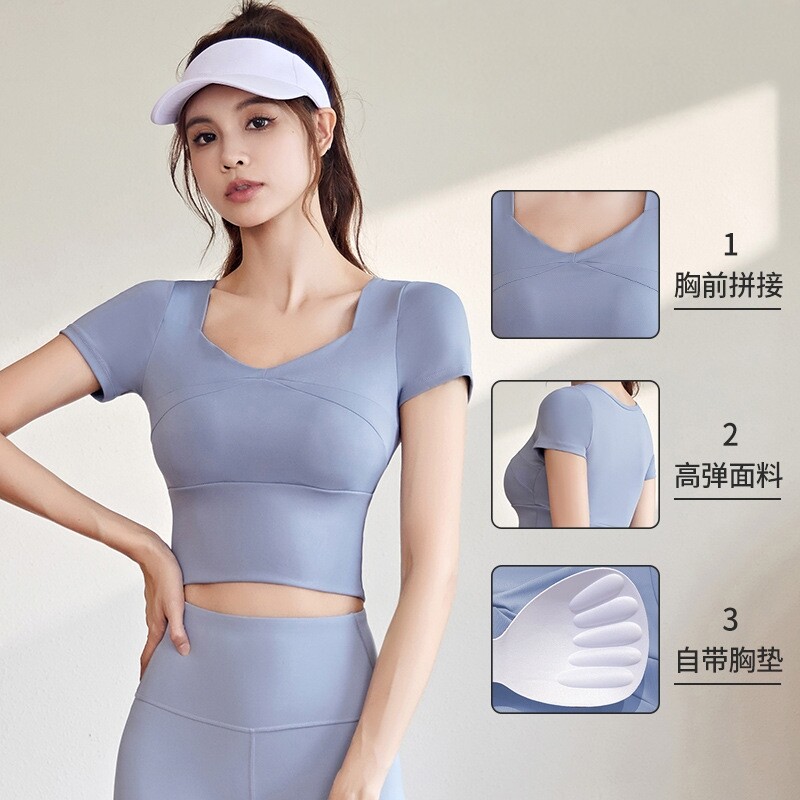 瑜伽套装女短袖露脐运动内衣带胸垫紧身运动上衣跑步健身服两件套