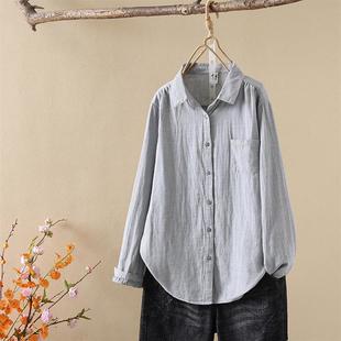 日单双层棉纱竖条纹衬衫 衬衣复古文艺柔软亲肤纯棉上衣 女长袖