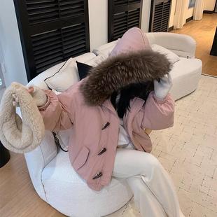 防寒外套女 棉衣牛角扣短派克服冬季 棉服女大毛领2025冬装 新款