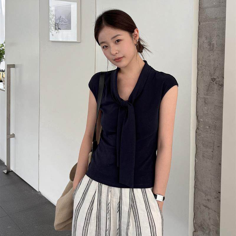 TG 知性韩系风 飘带领系结显瘦柔软亲肤棉弹T恤女2026夏新款26635
