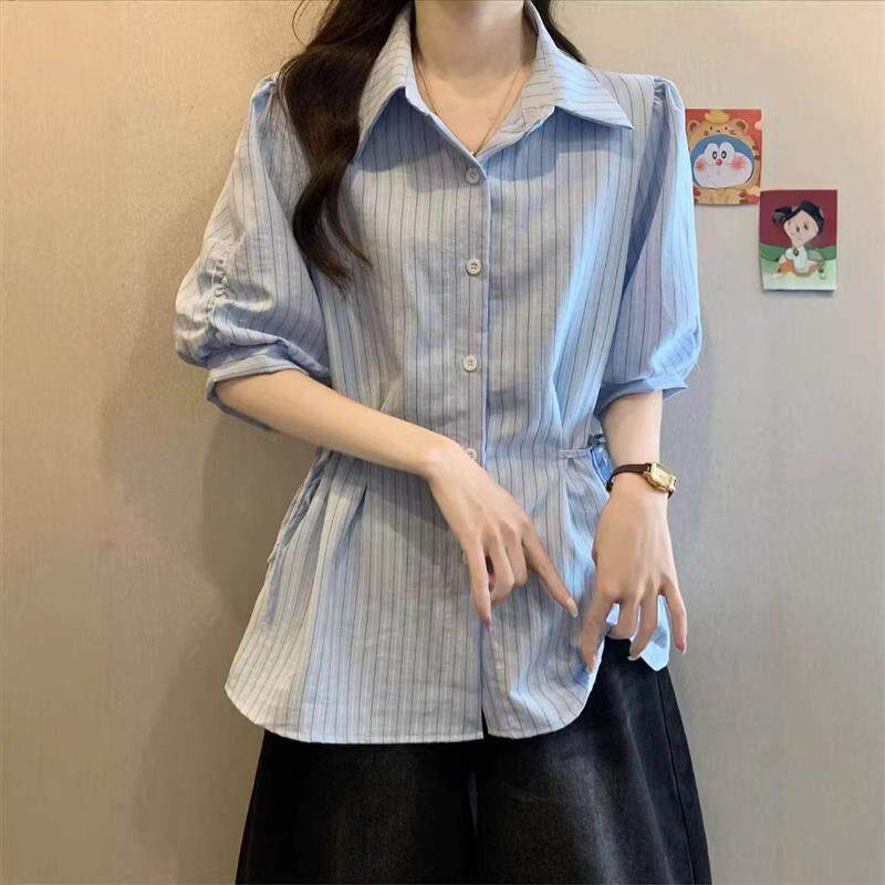 蓝色条纹女装法式短袖气质衬衫夏季大码2026收腰新款显瘦上衣露肩