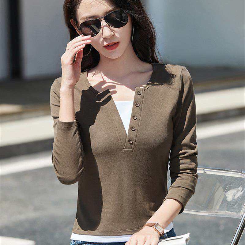 假两件套撞色韩版修身小个子女装短款拼接2026秋装长袖T恤打底衫