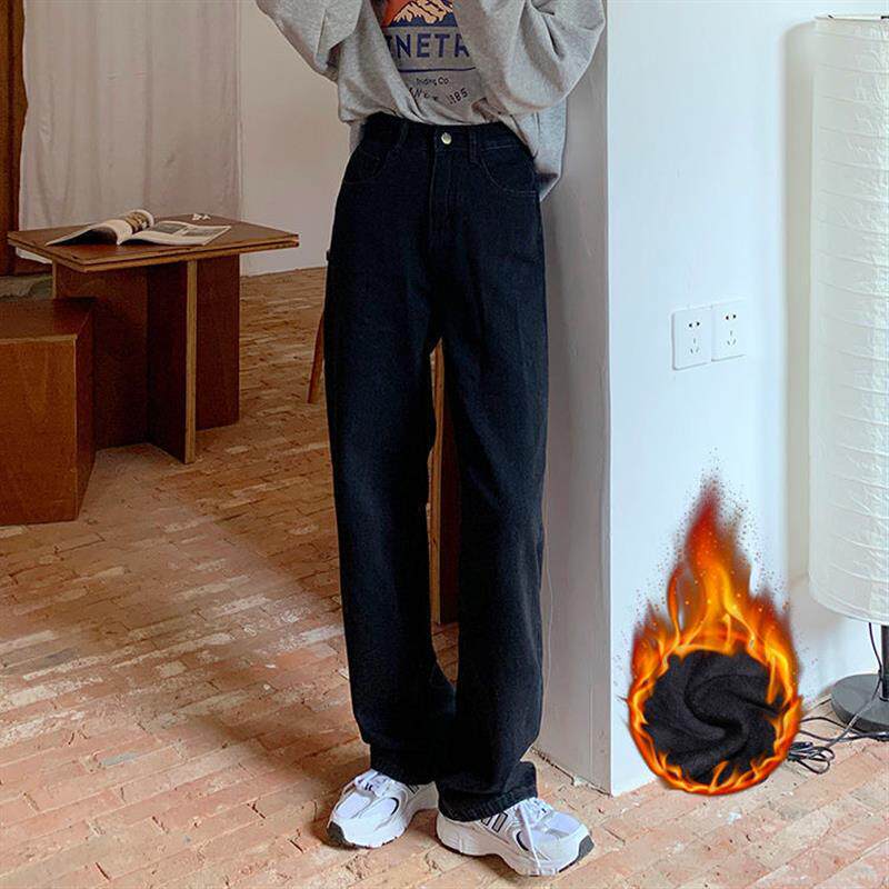 秋冬韩版复古宽松高腰阔腿加绒加厚牛仔裤女百搭显瘦黑色直筒裤潮