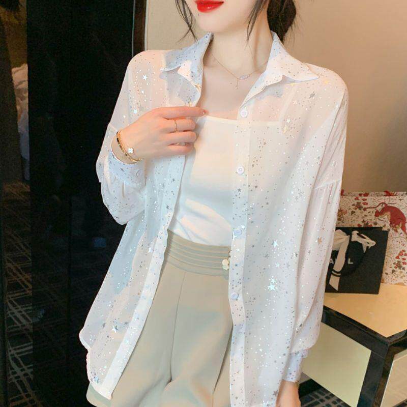 2026夏季新款亮片印花雪纺衫衬衫防晒外套薄款上衣长袖女百搭
