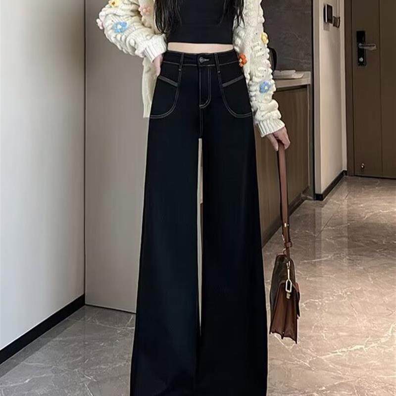 直筒牛仔裤女薄款夏季2026年新款阔腿时尚潮流设计感显瘦黑色裤子