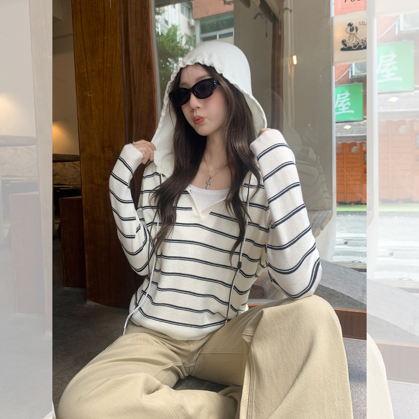 奶白色假两件抽绳圆领连