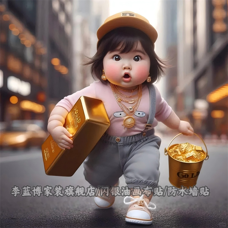 新款人生第一桶金萌娃贴纸客厅玄关装饰贴纸衣柜床头防水自粘贴